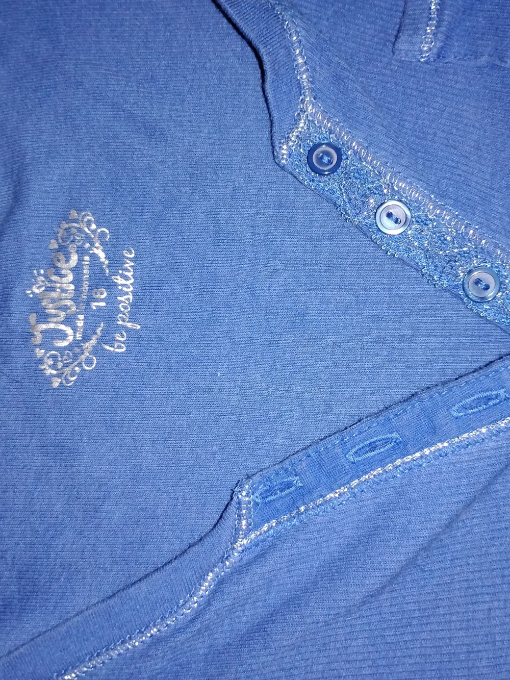 Justice Girls Blue Henley Top with Button Detail With Silver Glitter on All Hem